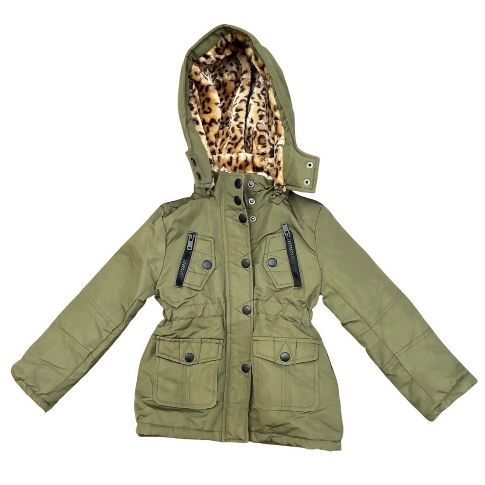 Urban Republic Girls Olive Green Utility Parka Leopard Faux Fur Lined Jacket 5/6